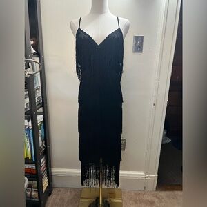 NWT ASOS Black Fringe Slip Midi V-Neck Dress Vintage Great Gatsby Style Size 8